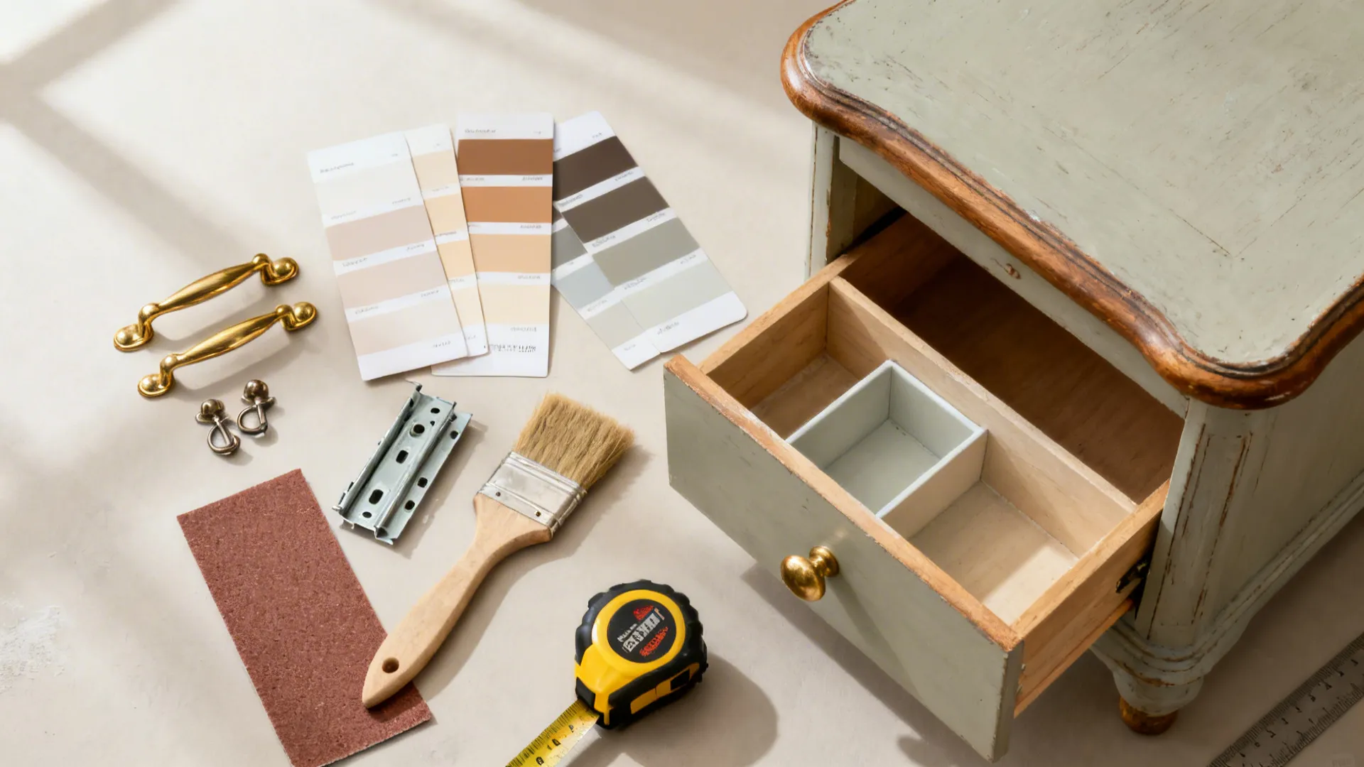 Flatlay of DIY materials for refreshing a thrifted side table: paint swatches, hardware, drawer slides