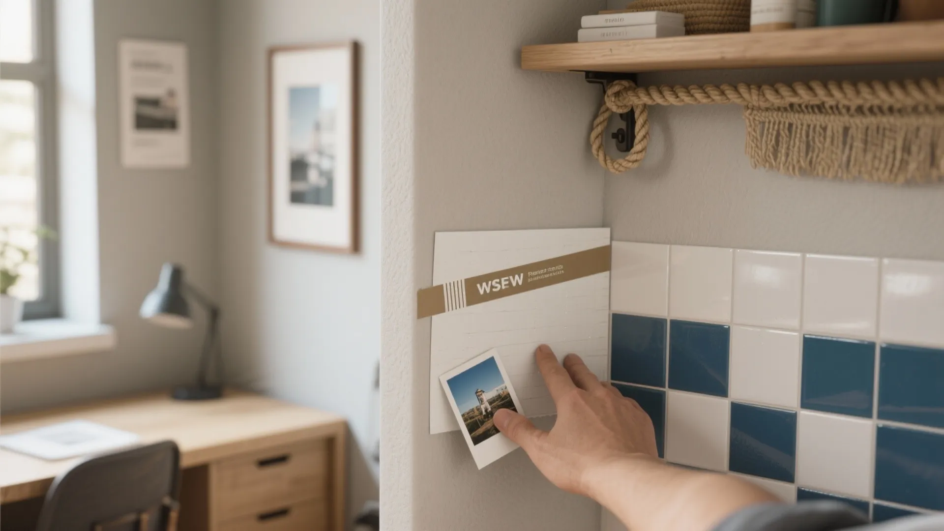 Hand placing a small photo onto a wall next to white and blue tiles decor