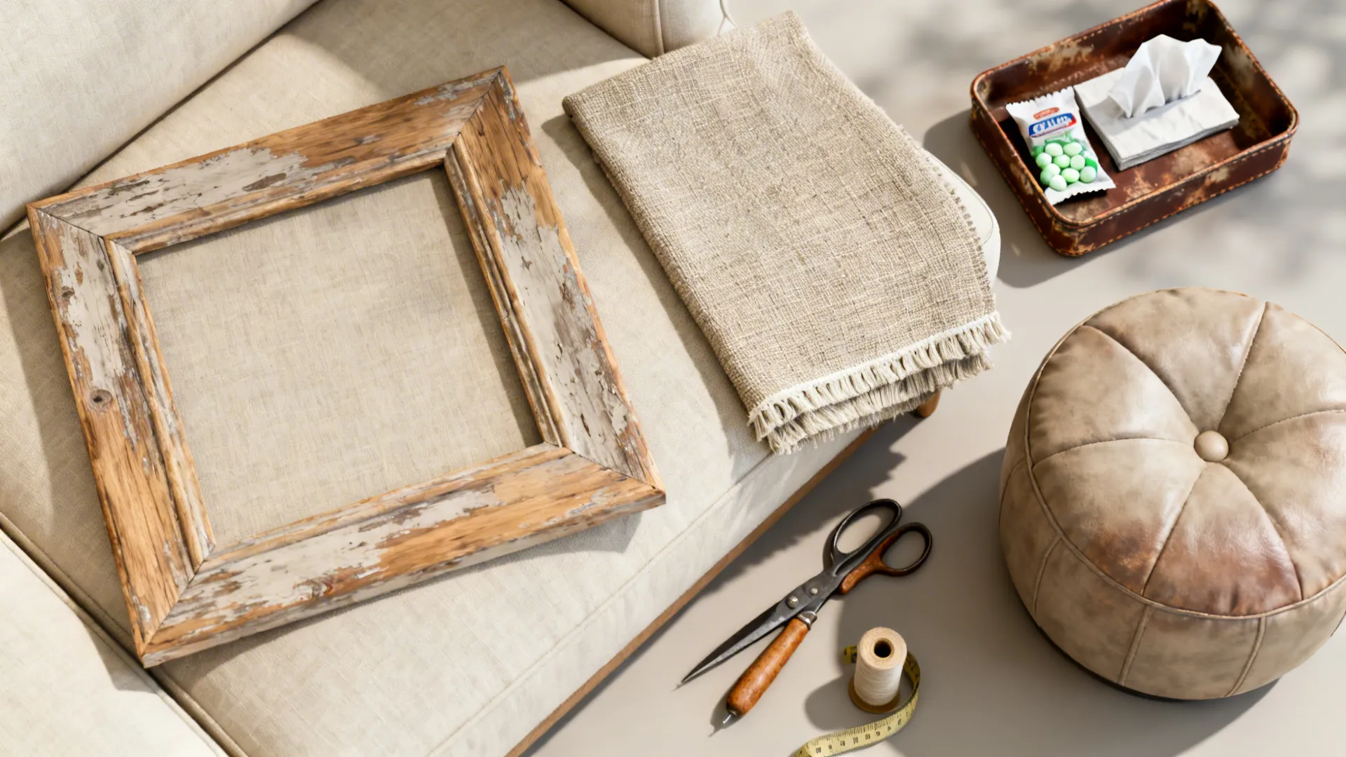 Flatlay showing thrifted frame sample, fabric swatches, essentials tray with mints and tissues for a cozy couch setup.