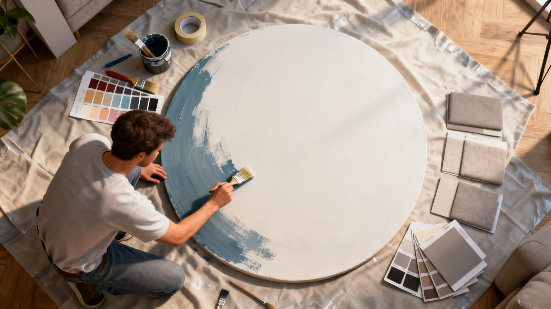 Top-down scene of a DIY round canvas being painted with tape, brushes, and paint swatches