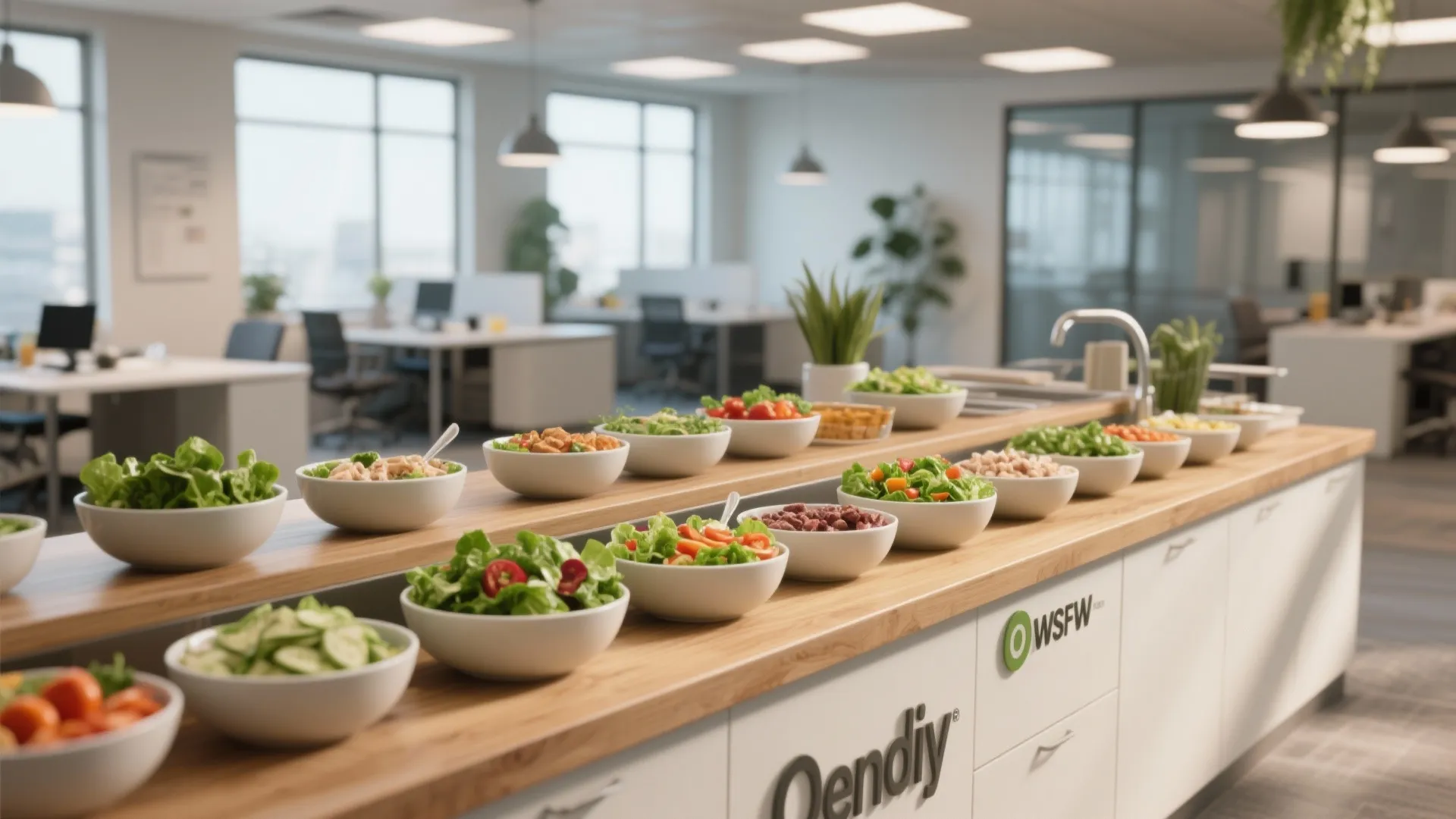 Office kitchen with wood counter showing a salad bar layout with fresh vegetables and bowls