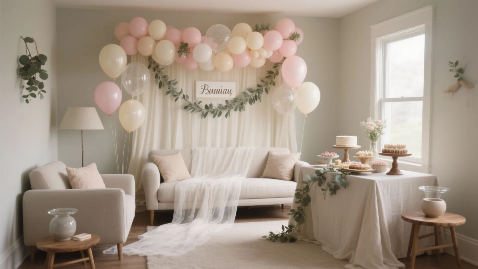 Party room decoration with cream balloons white sofa and a table with cake and cupcakes