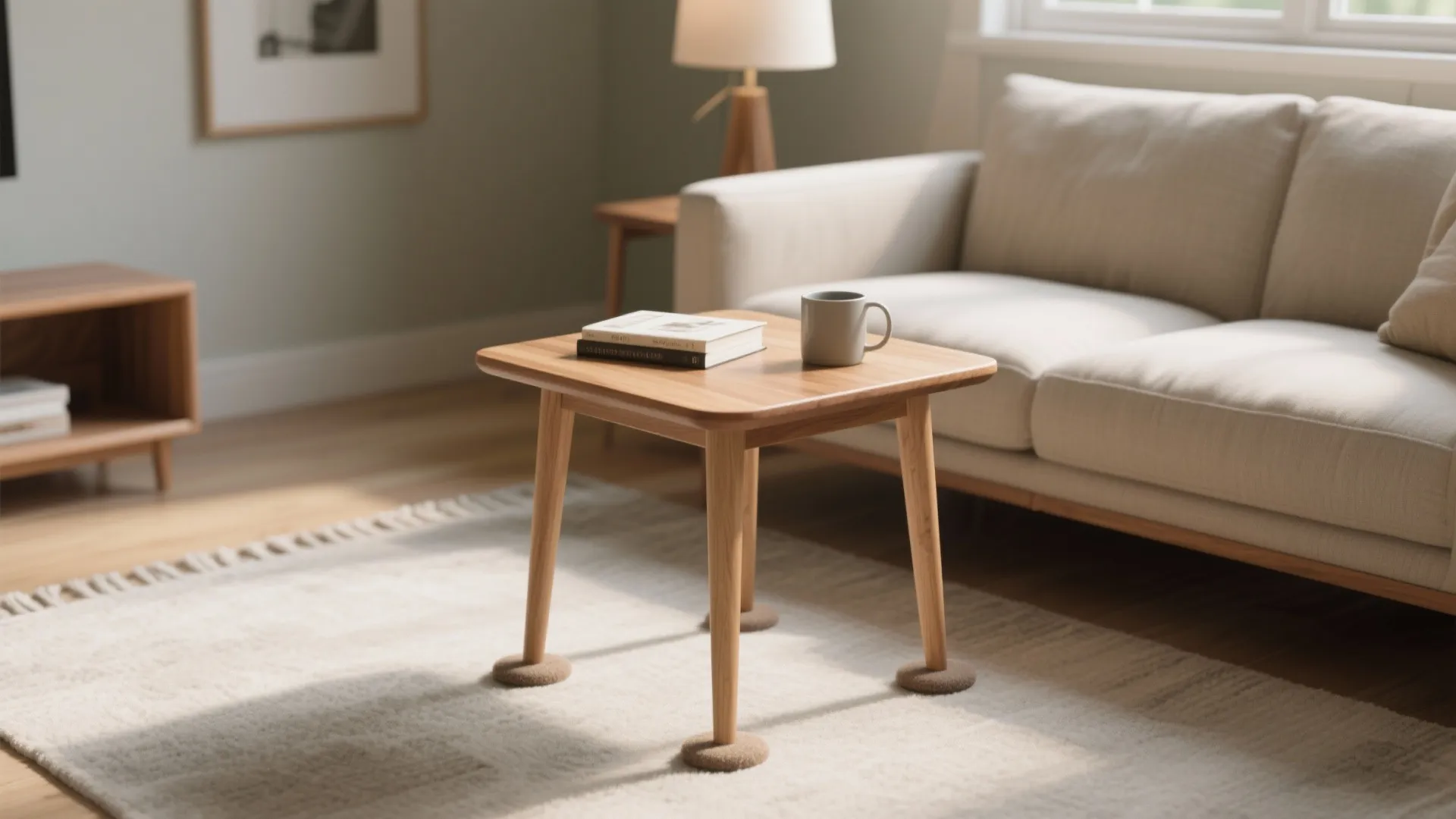 Wooden side table with a cup and books on white rug near a beige sofa