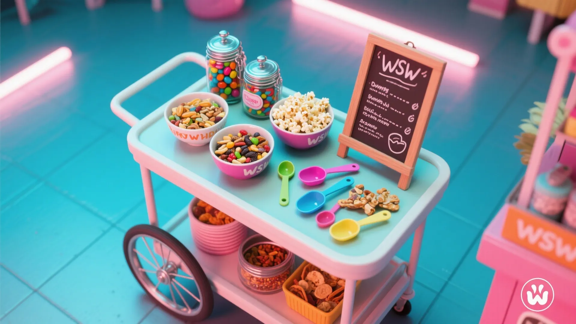 White snack cart with colorful bowls of popcorn and candy next to a small wooden sign