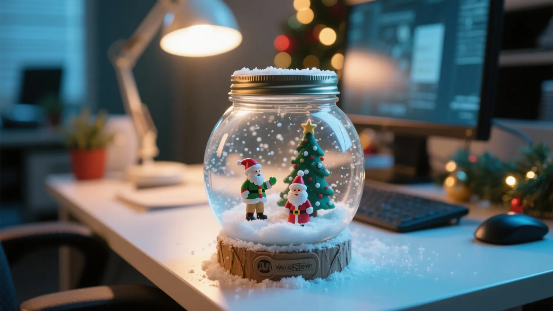Glass jar snow globe with small Santa and tree sitting on a white office desk