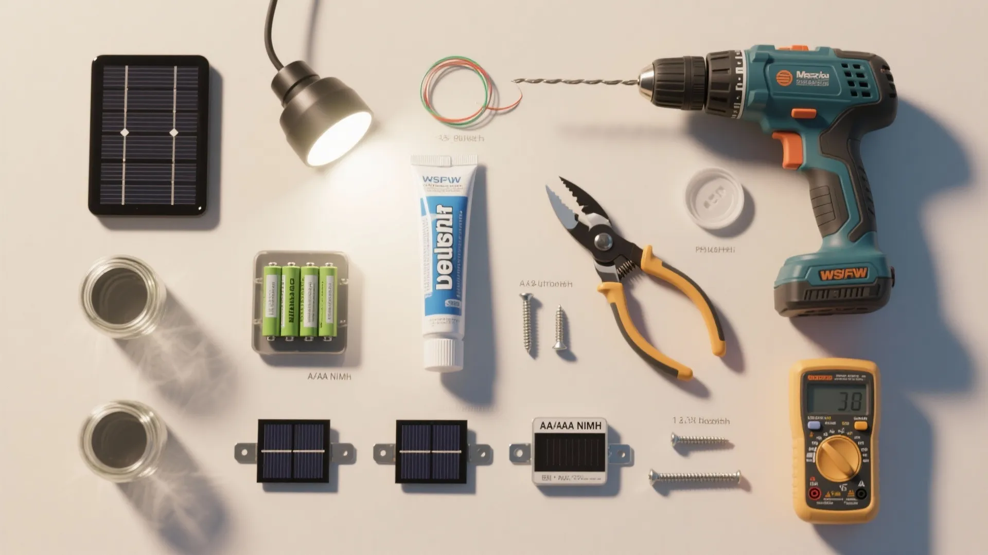 Diy solar project kit with power drill pliers solar panels batteries glue screws and light