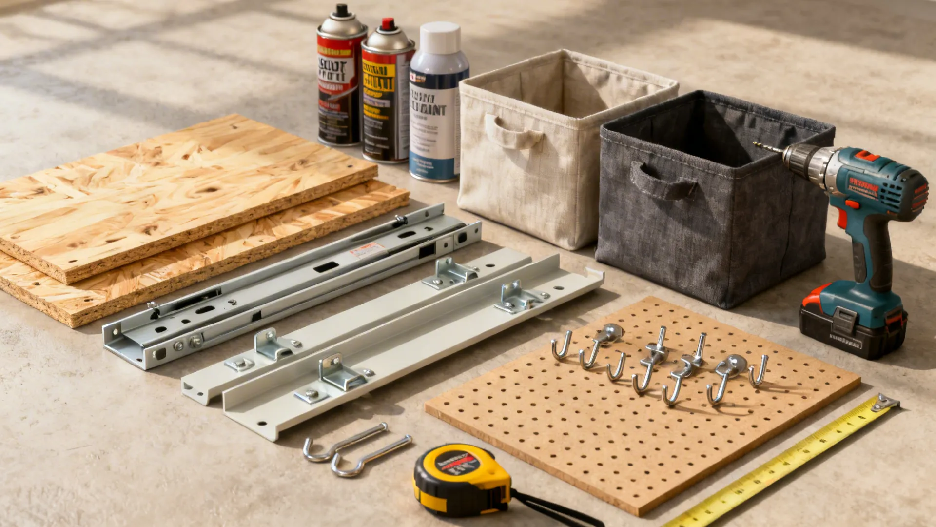 Flatlay of DIY storage materials: plywood, slides, brackets, pegboard, fabric bins and tools
