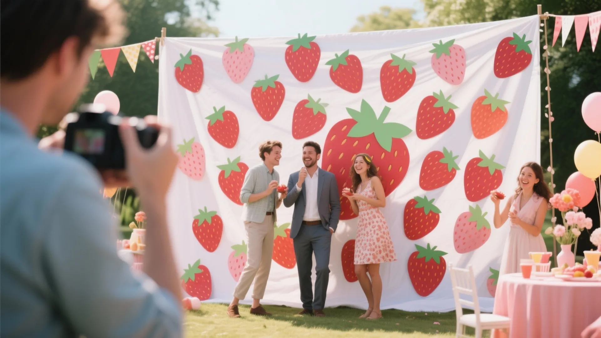 People smiling in front of a white backdrop with strawberry patterns during an outdoor party