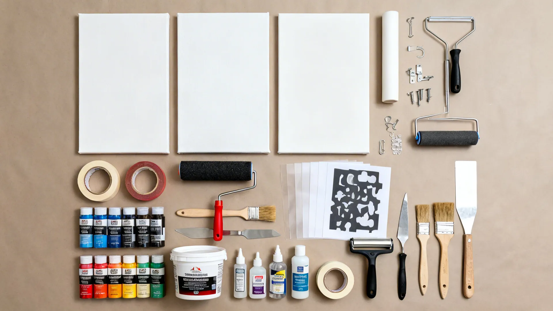 Organized flat lay of canvases, paints, tools, stencils, and hardware.