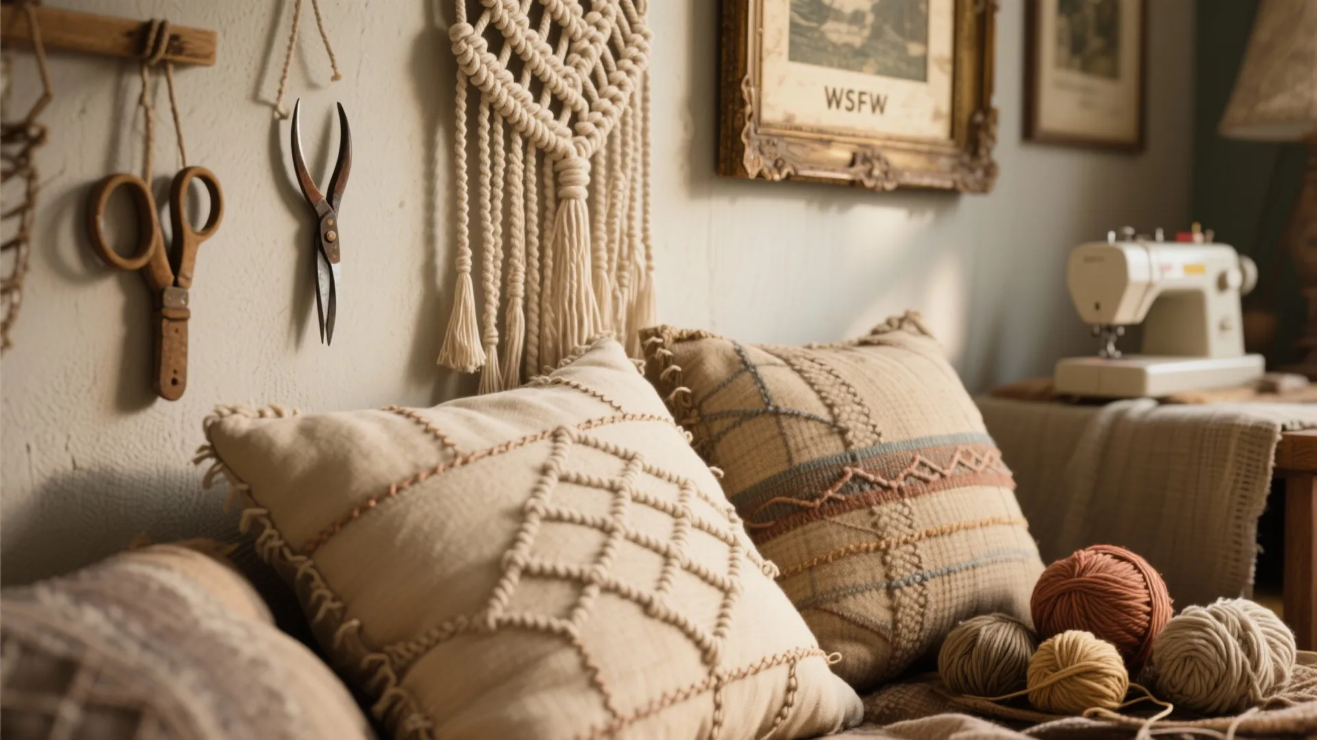 Close-up of handmade cushions, macramé and thrifted frames showing DIY textiles and art details.