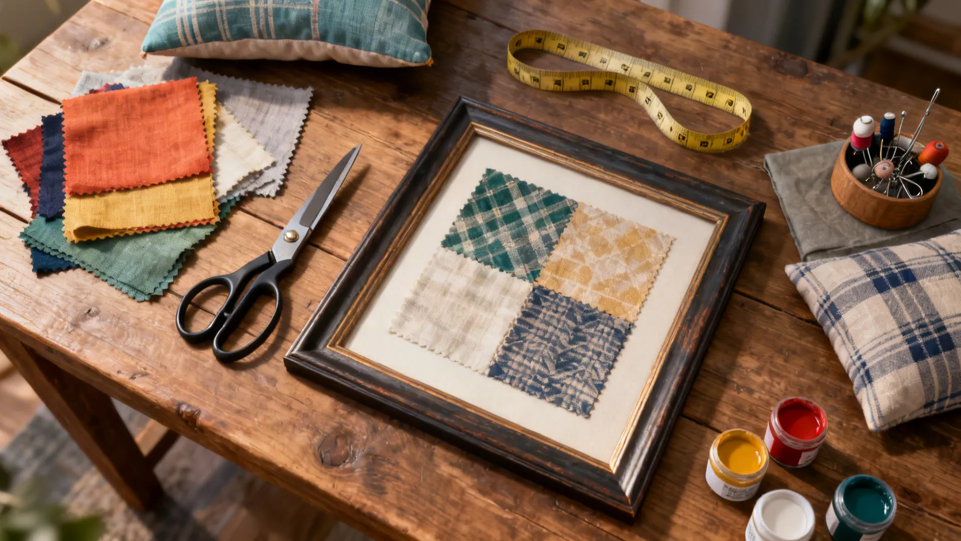 Flatlay of fabric swatches, framed fabric samples and sewing tools for DIY cushion and art projects.