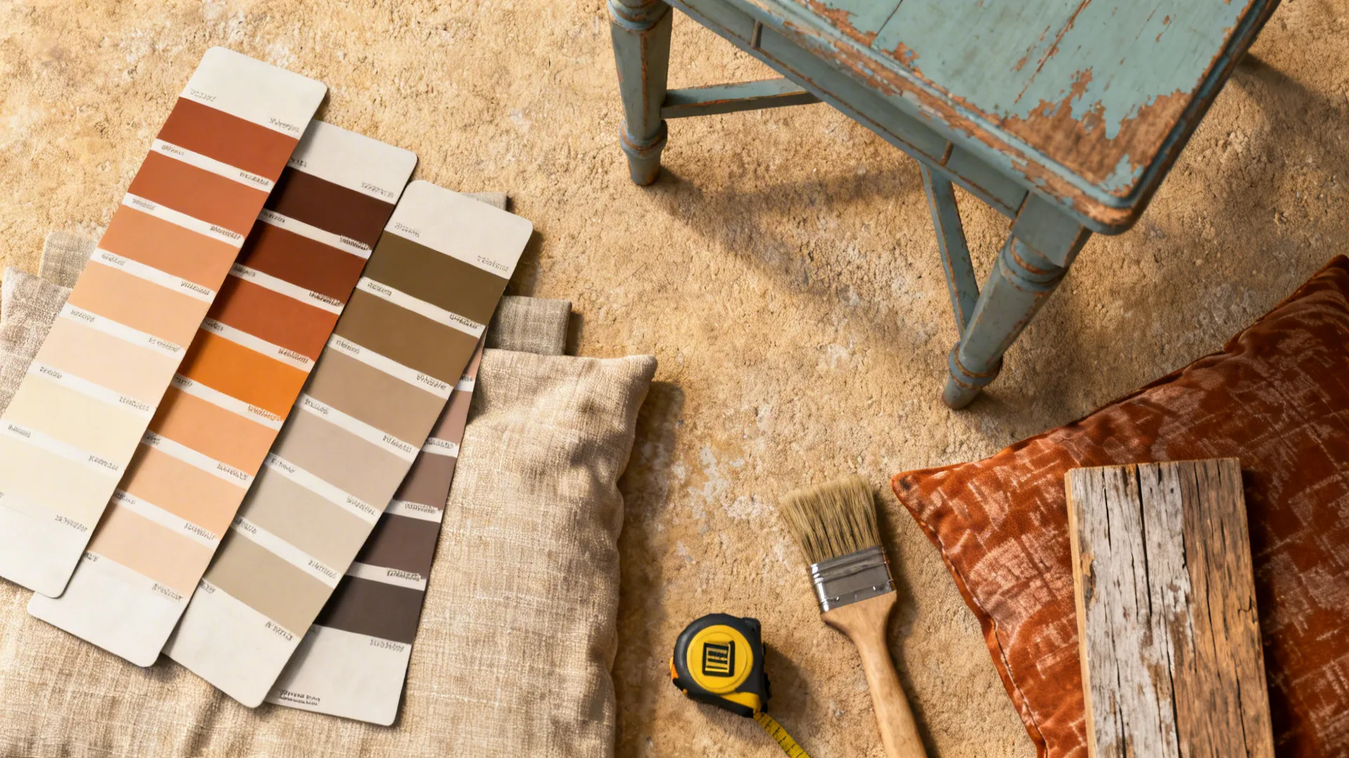 Flatlay of DIY makeover materials including paint swatches, fabrics and thrifted furniture sample