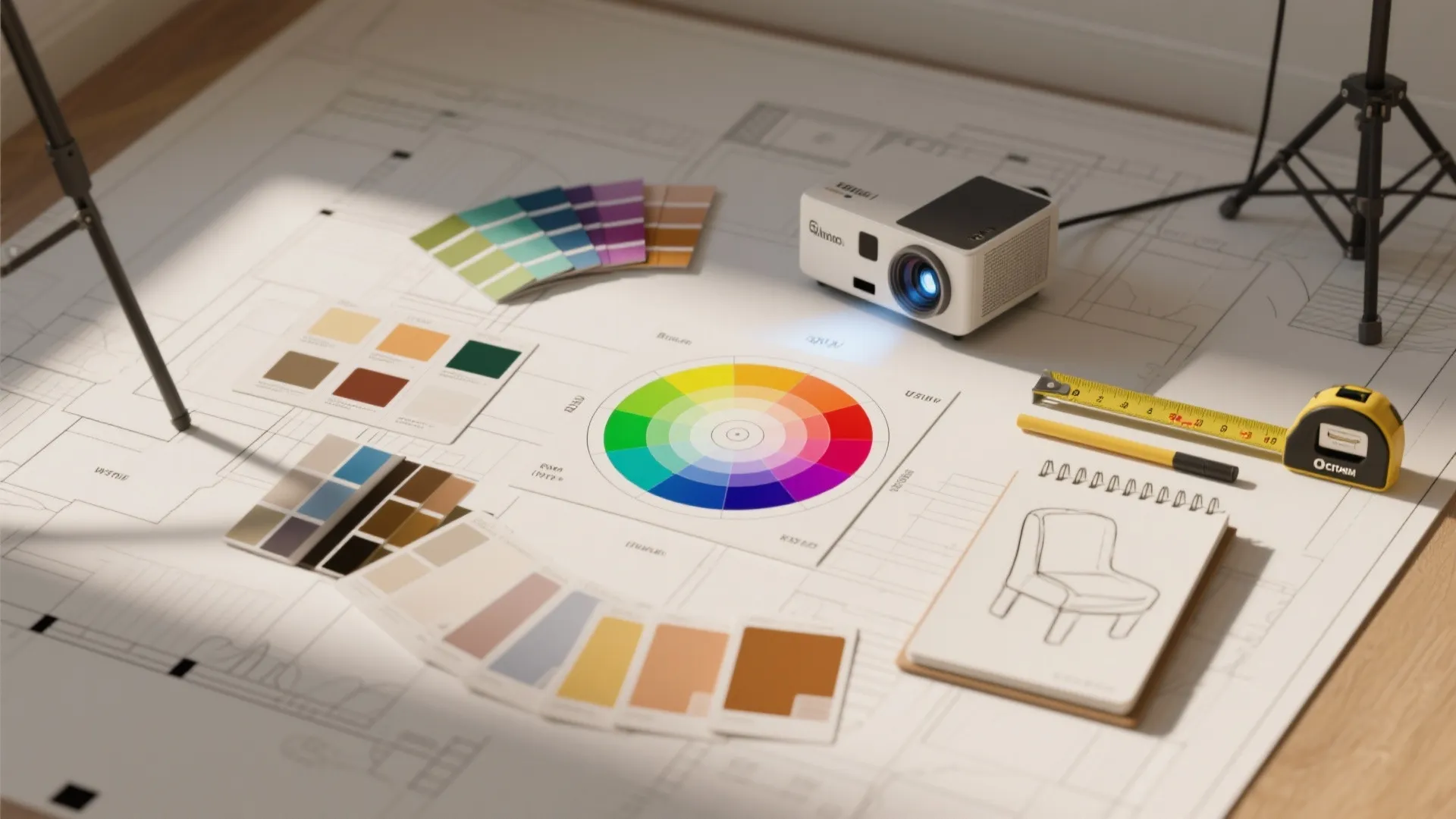 Floor plan layout with color wheel samples and small projector for choosing home paint colors
