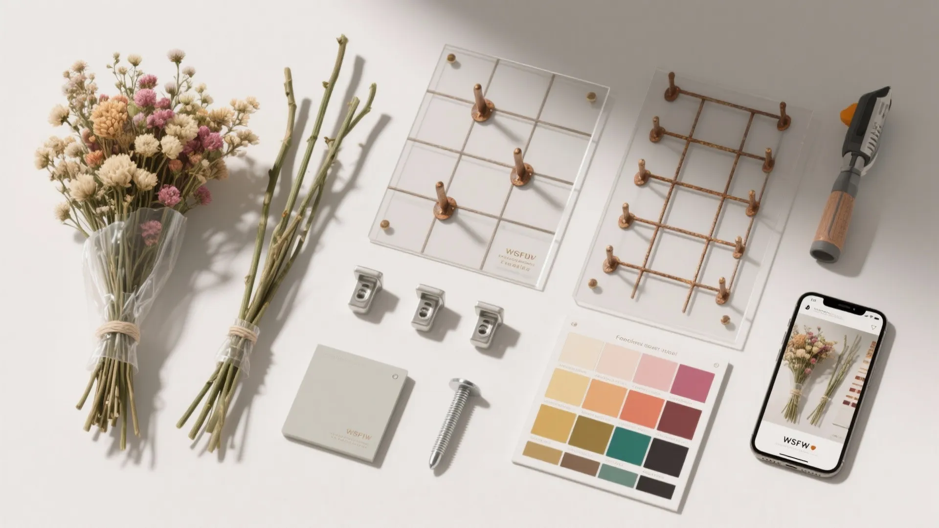 Collection of flower pressing tools including dried flowers glass frames color palette and a mobile phone