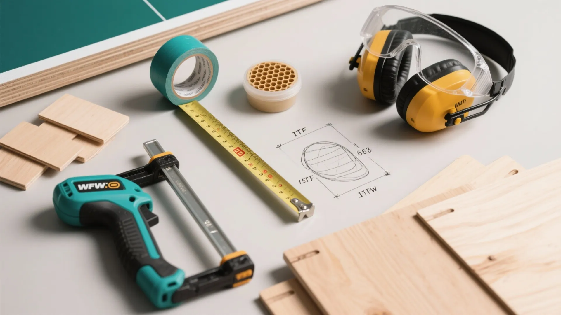 Handheld tools including tape measure safety glasses and clamps arranged on table with wooden boards