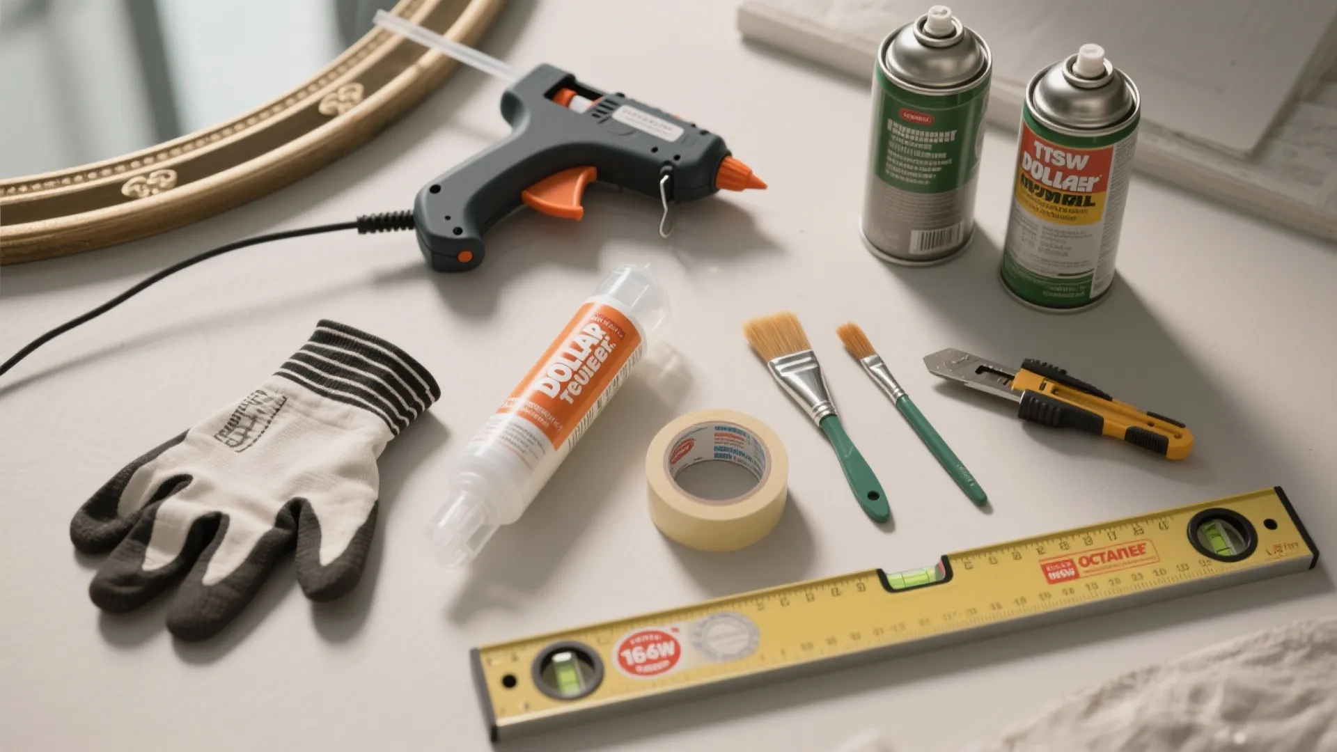 Collection of home improvement tools including glue gun spray cans brushes level and utility knife