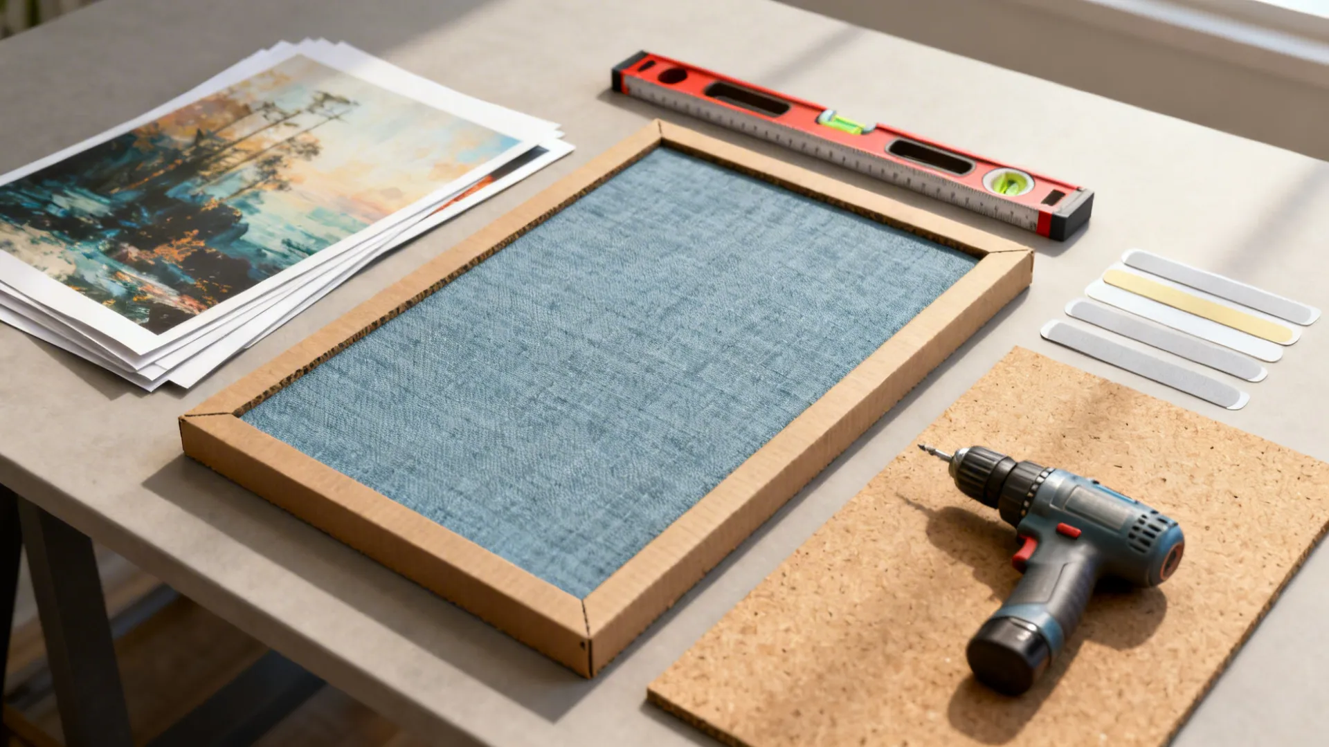 Flatlay of DIY wall decor materials and essential tools for installations.