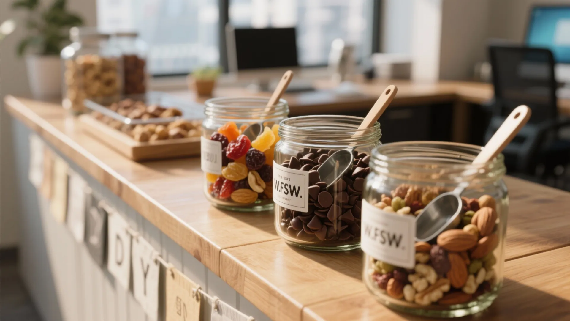 Glass jars filled with dried fruit nuts and chocolate chips on wooden office snack counter