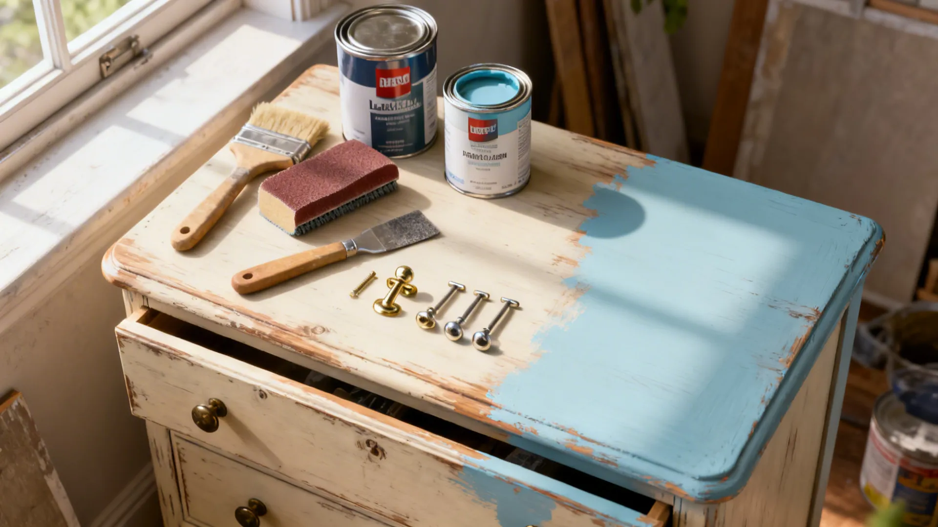 Top-down view of a thrifted dresser upcycle project with paint, sandpaper and new hardware.