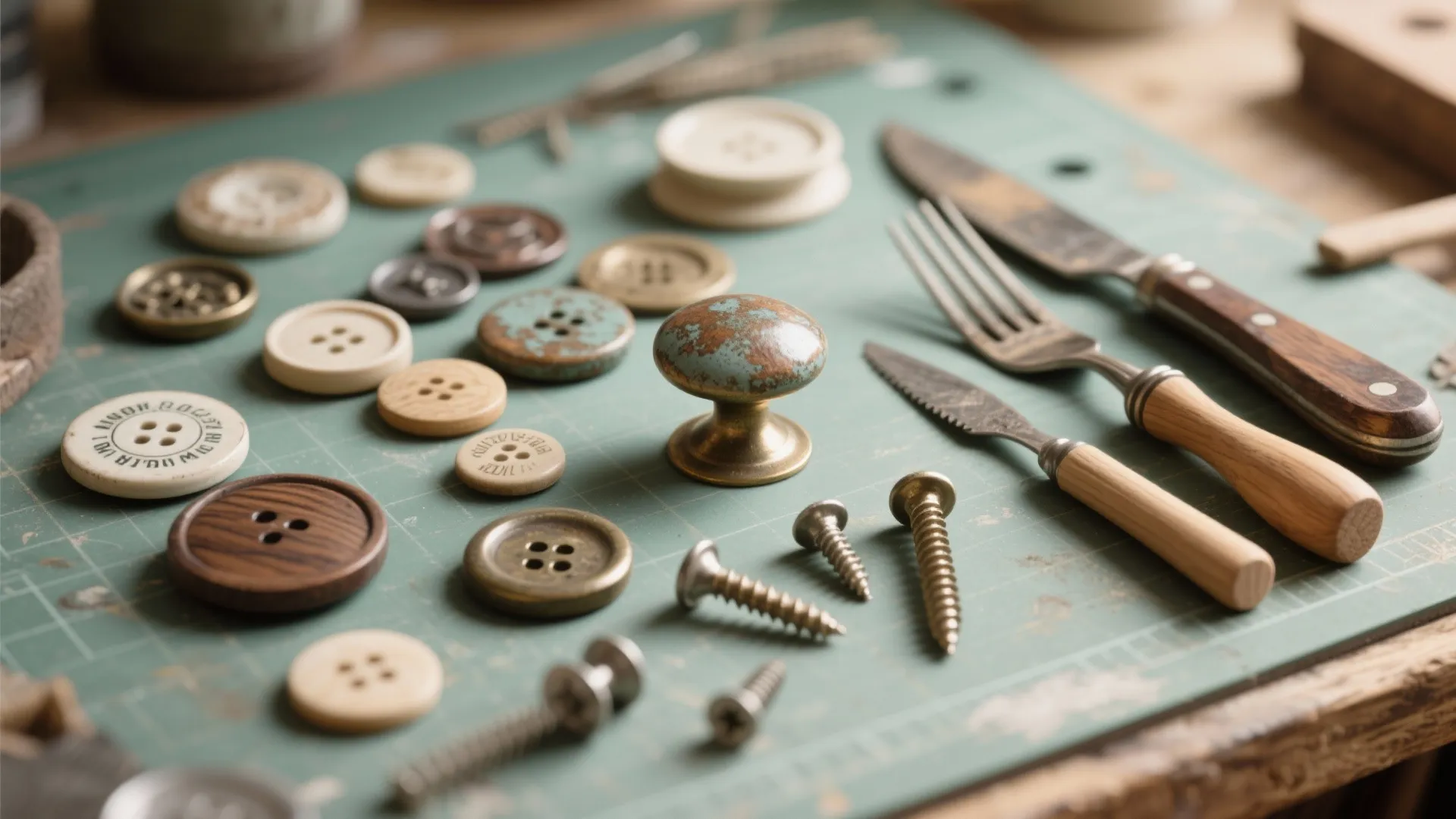 Flatlay of upcycled knob materials including buttons, cutlery handles, and wooden dowels.