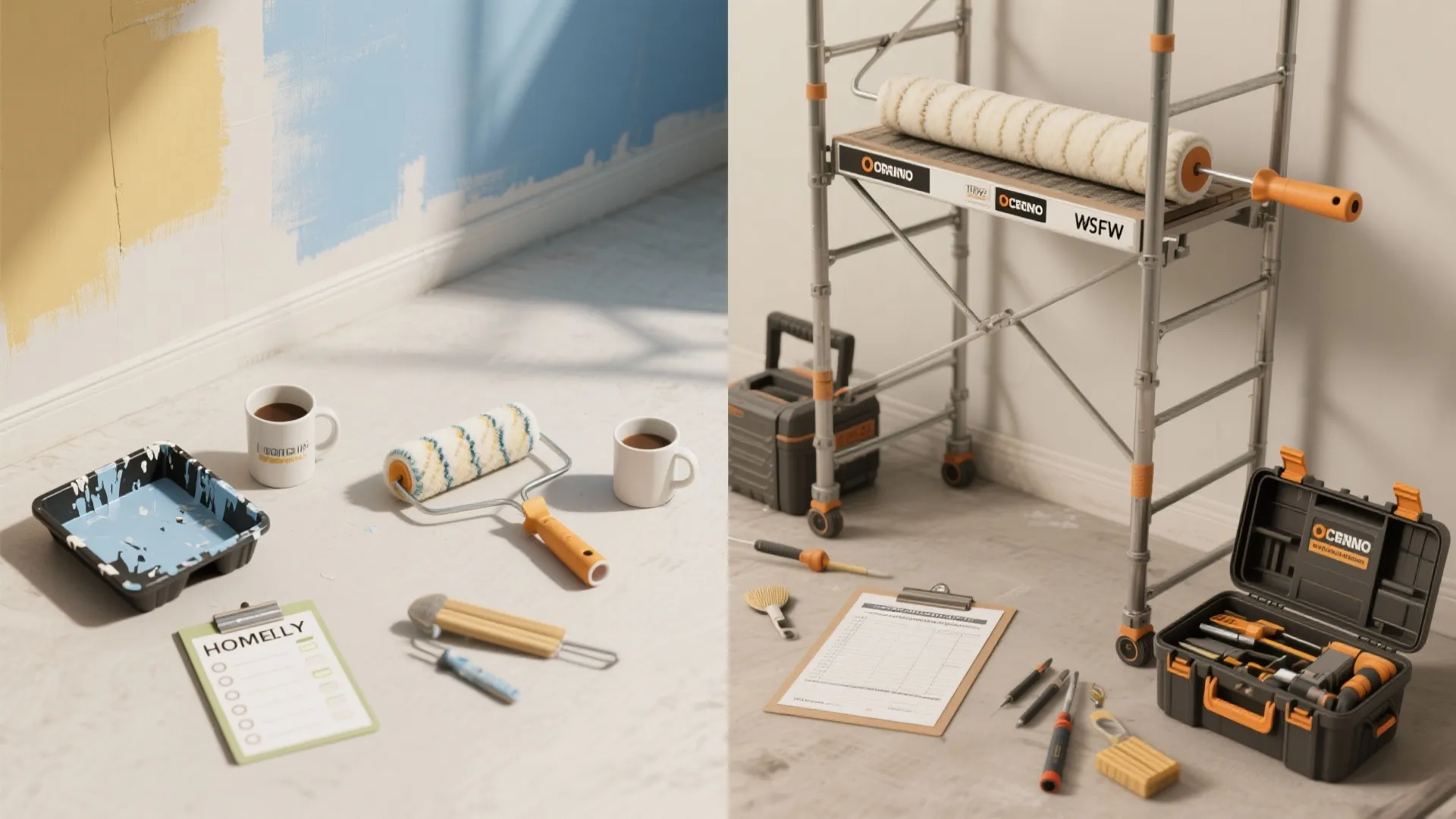 Top-down comparison of DIY painting tools and a professional painter's equipment with checklist and estimate.