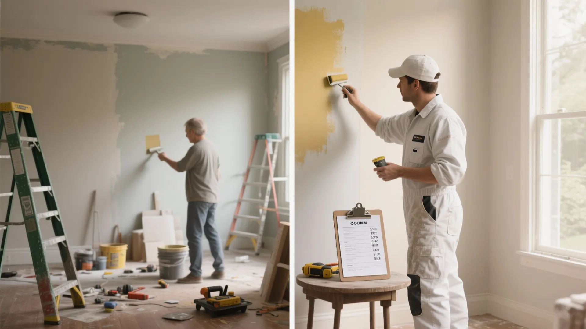 Side by side comparison of a homeowner painting walls and a professional painter at work