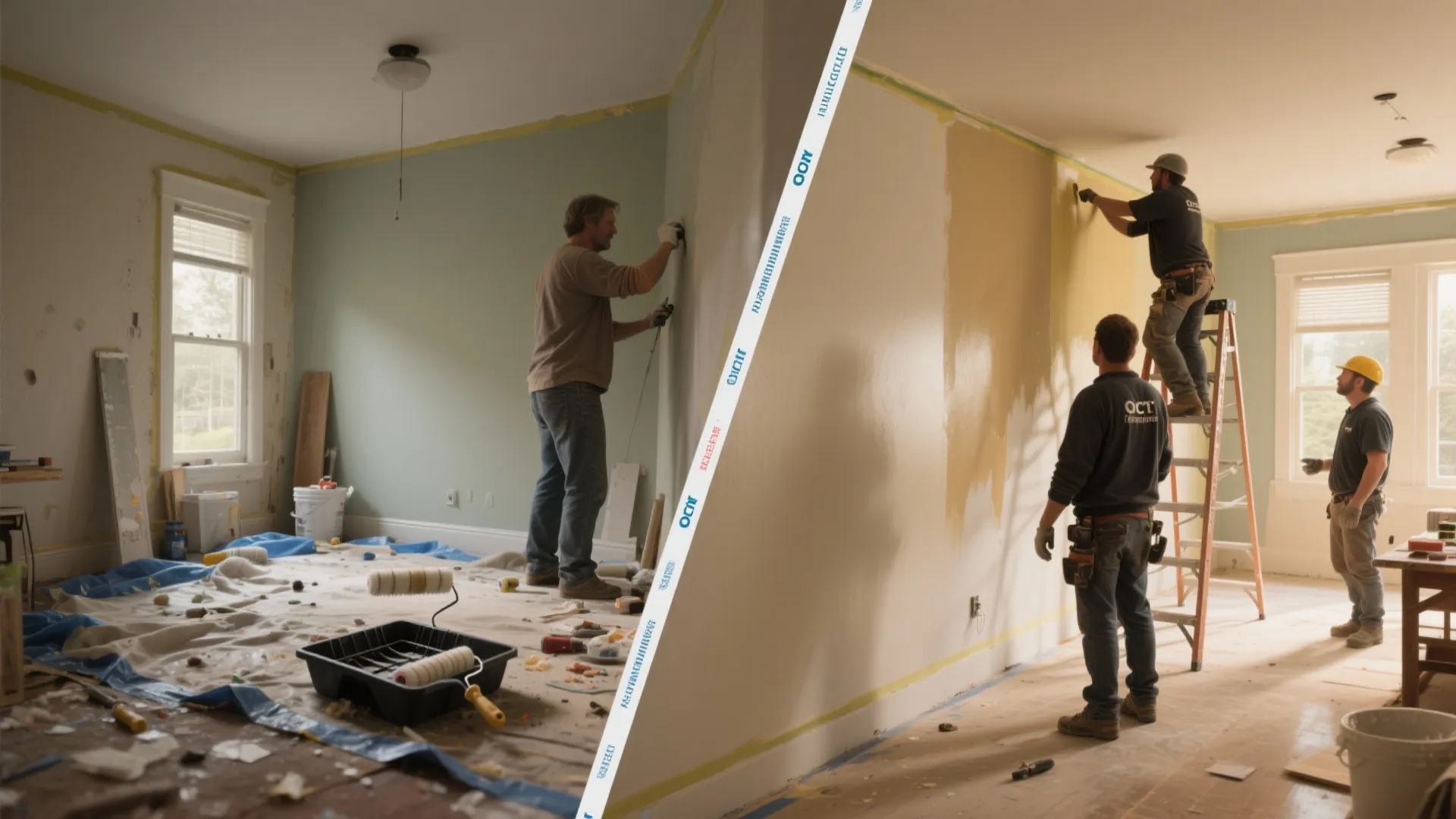 Side-by-side comparison of a messy DIY painting scene and a clean professional crew finishing walls.