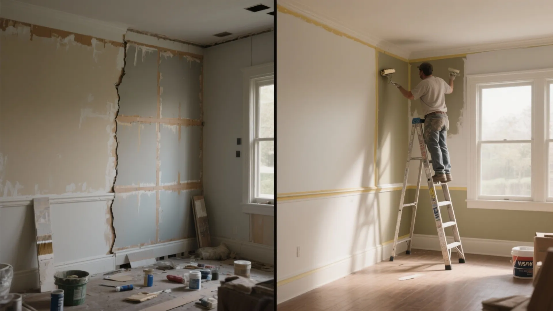 Side-by-side comparison of an old room versus a man painting a new wall on ladder