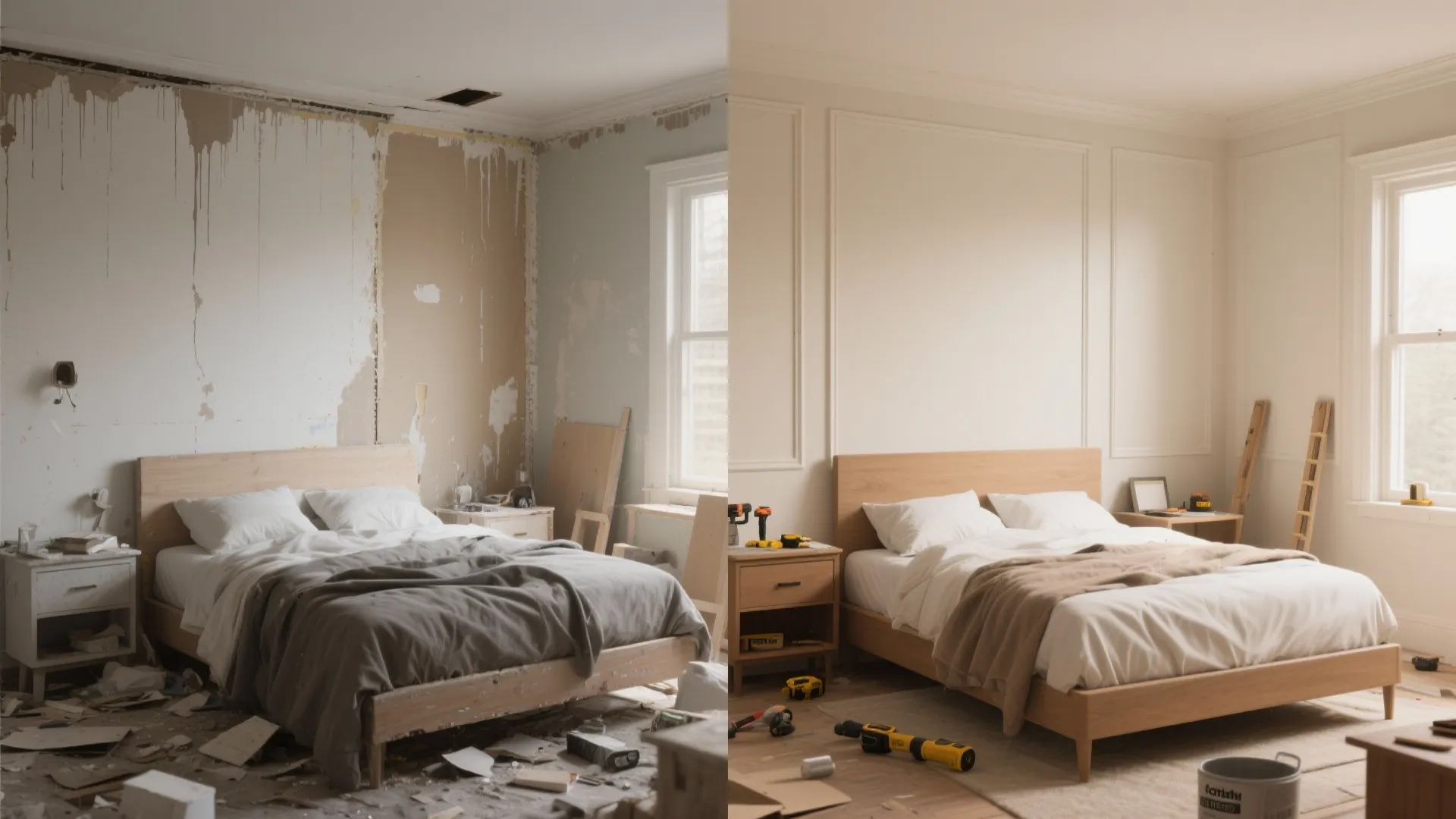 Split before-and-after bedroom showing DIY errors on the left and a professional clean finish on the right.