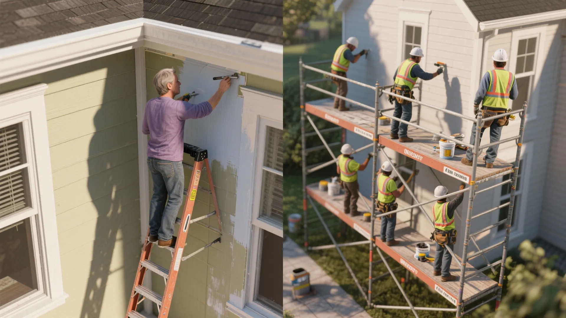 Side by side view of man on ladder and workers on scaffolding painting house exterior walls