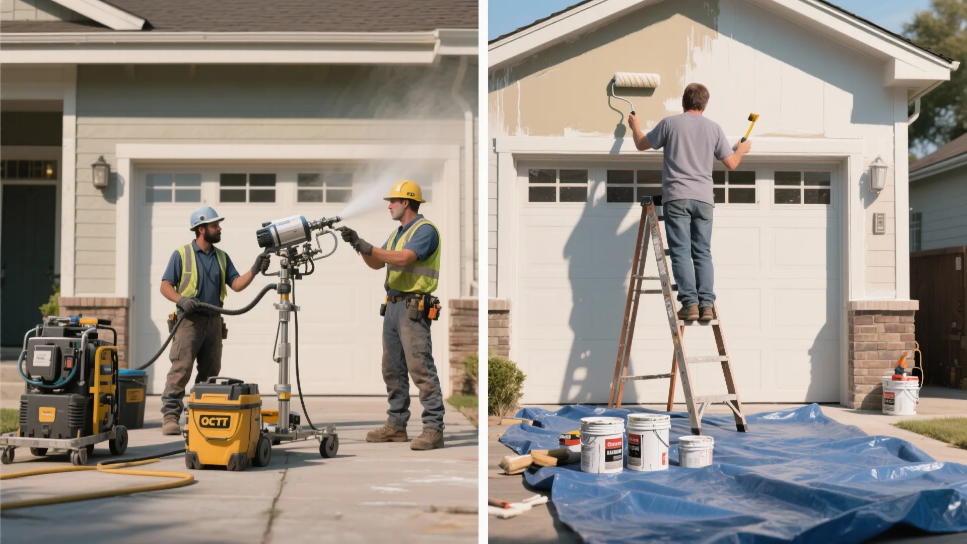 Side by side comparison showing professional machine painting versus manual wall painting with a roller
