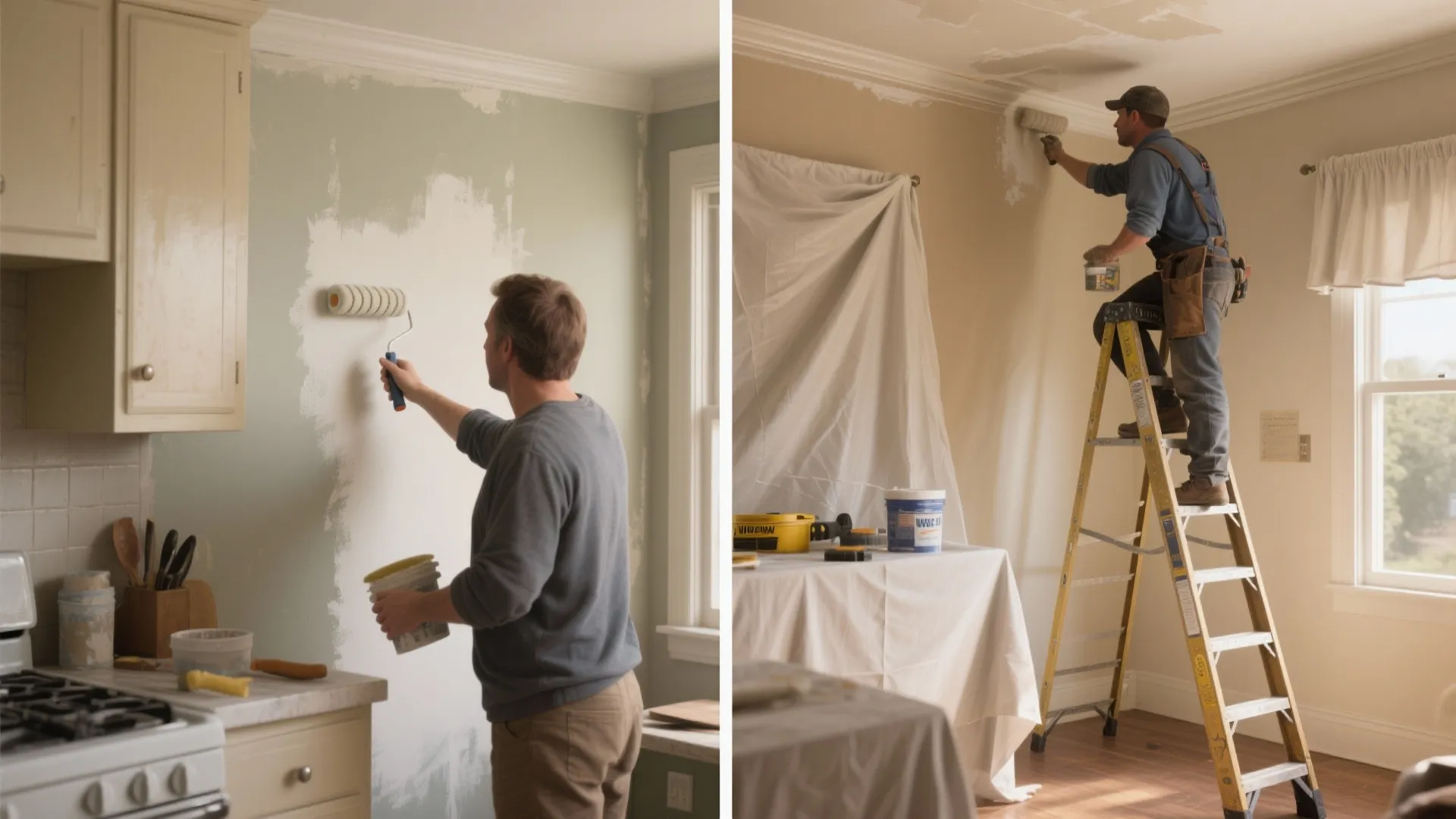 Comparison of a man painting a kitchen wall and a professional painting a high ceiling