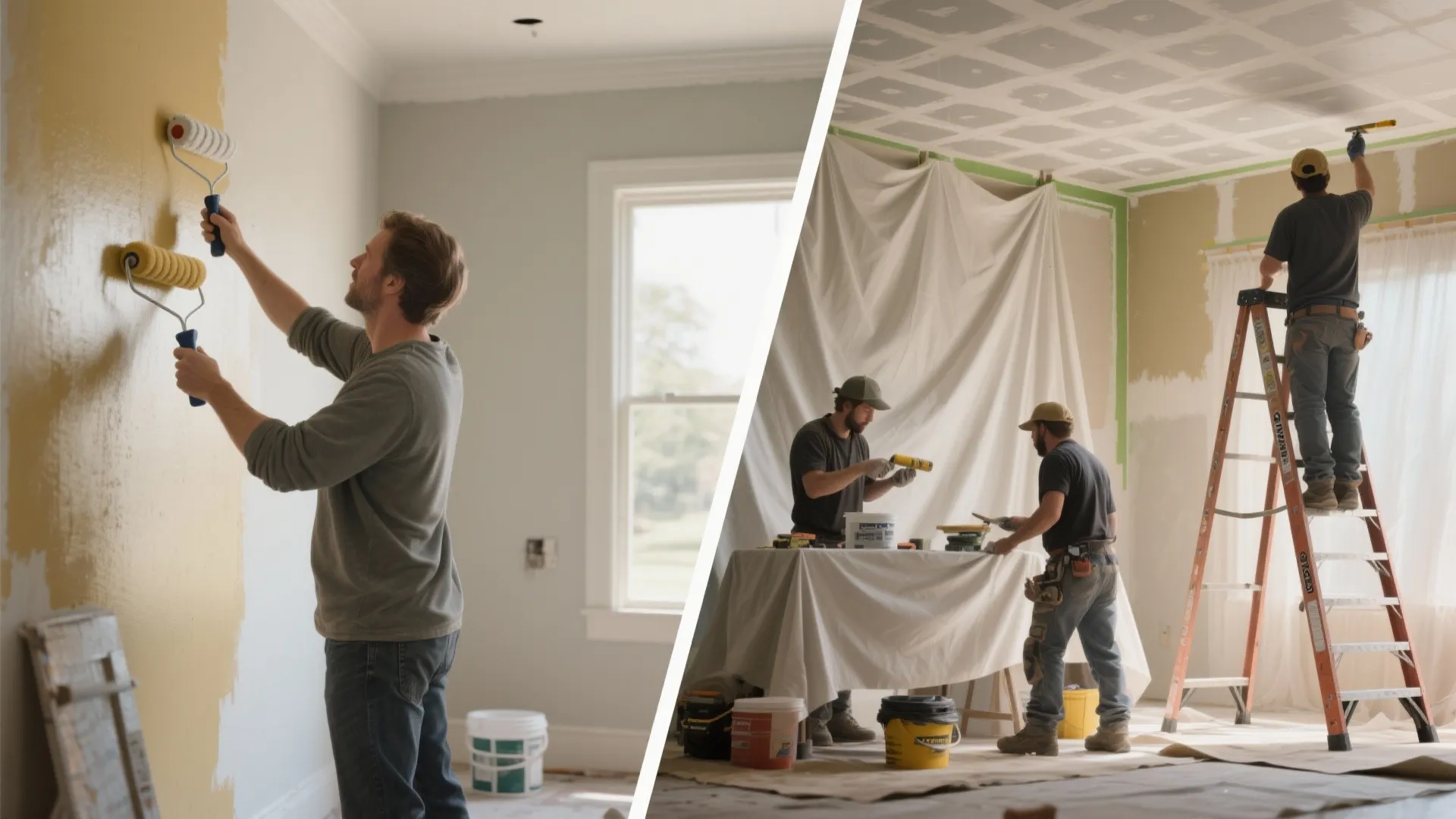 Comparison between a man painting a wall alone and professional painters using ladders and tools