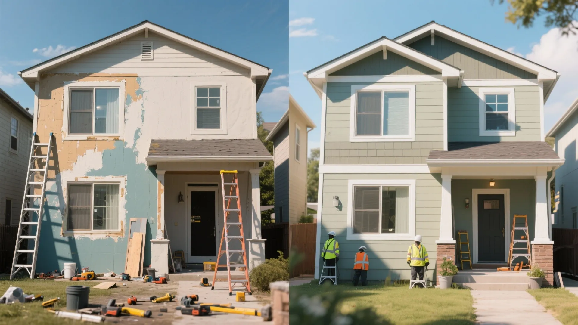 Before and after comparison showing messy house exterior and finished house with new green siding