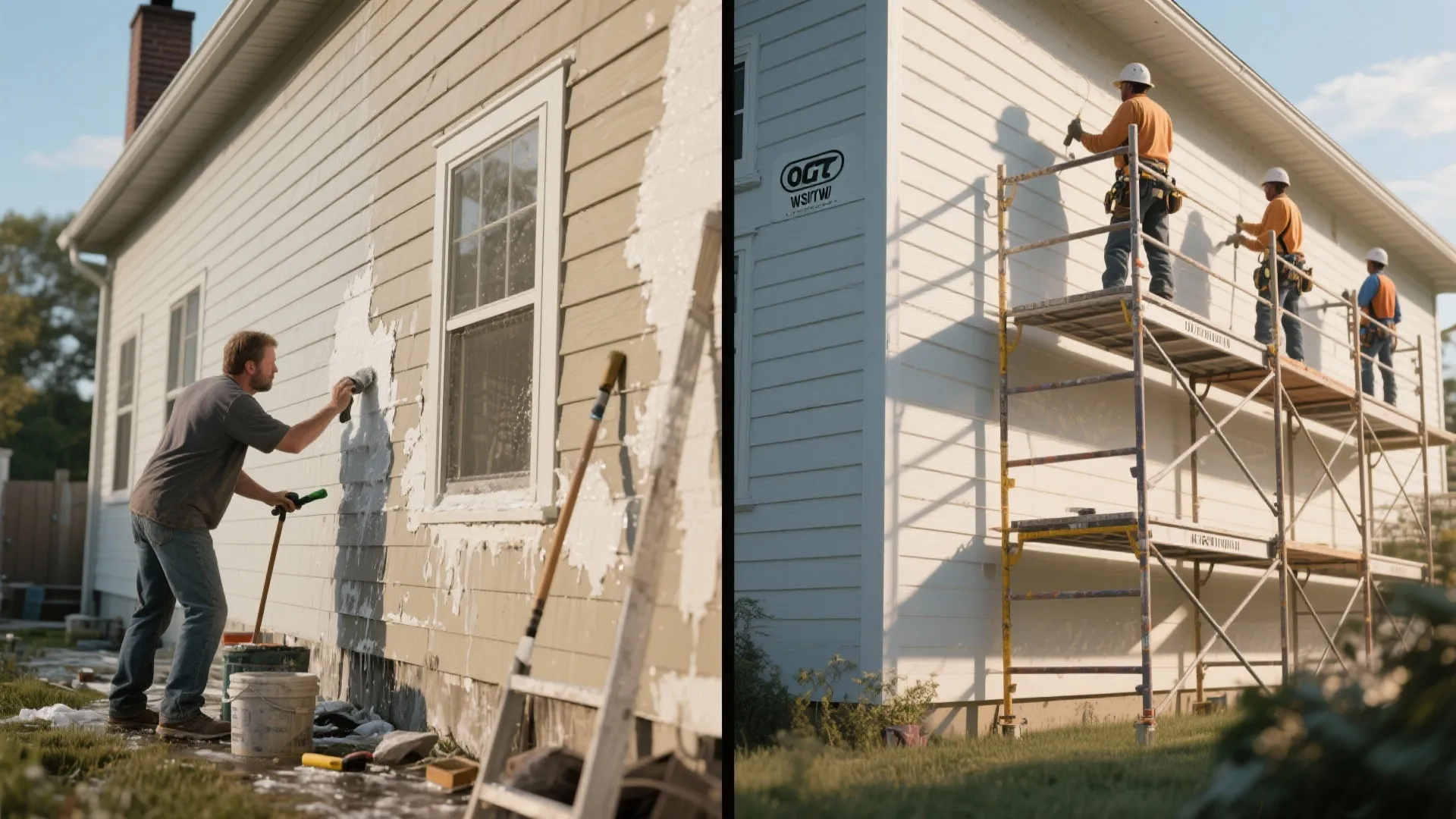 Side by side comparison of a DIY house painter and professional workers standing on tall scaffolding
