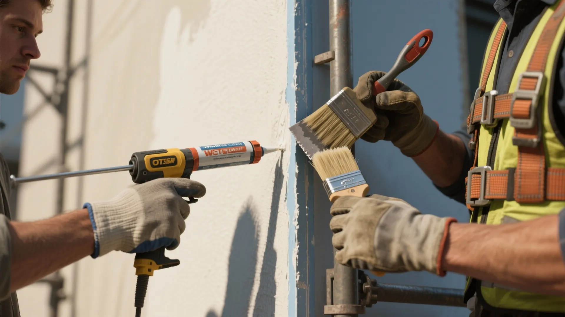 Two workers using a glue gun and brushes to repair an exterior wall during renovation