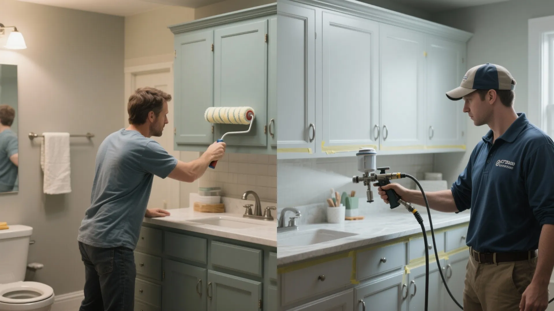 Side-by-side comparison of a man using a roller and a professional using a paint sprayer