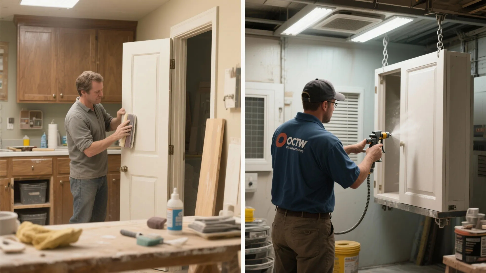 Split scene of homeowner prepping cabinets and a professional painter spraying a cabinet door