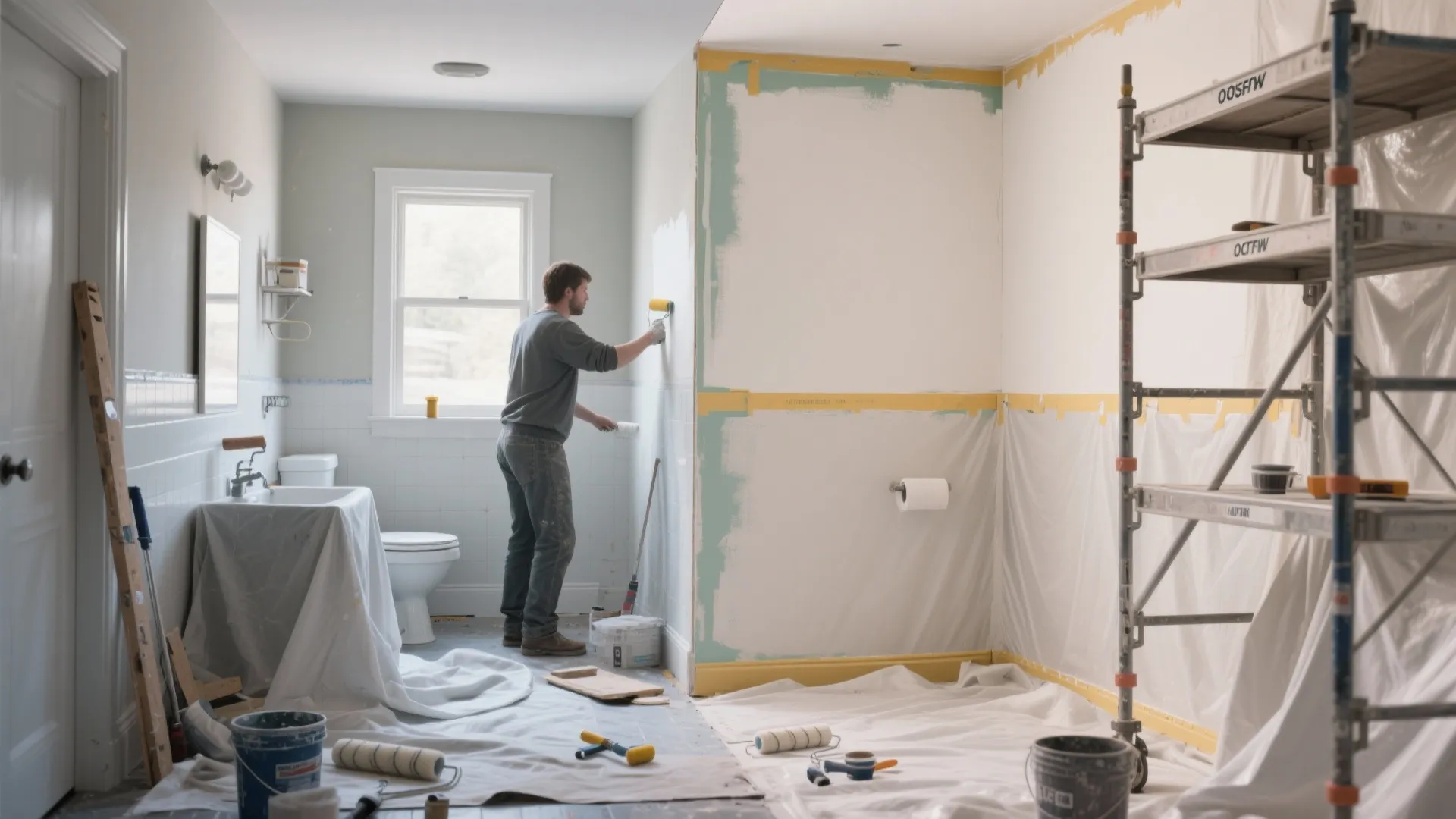 Man using a paint roller to apply white paint on bathroom walls during home renovation