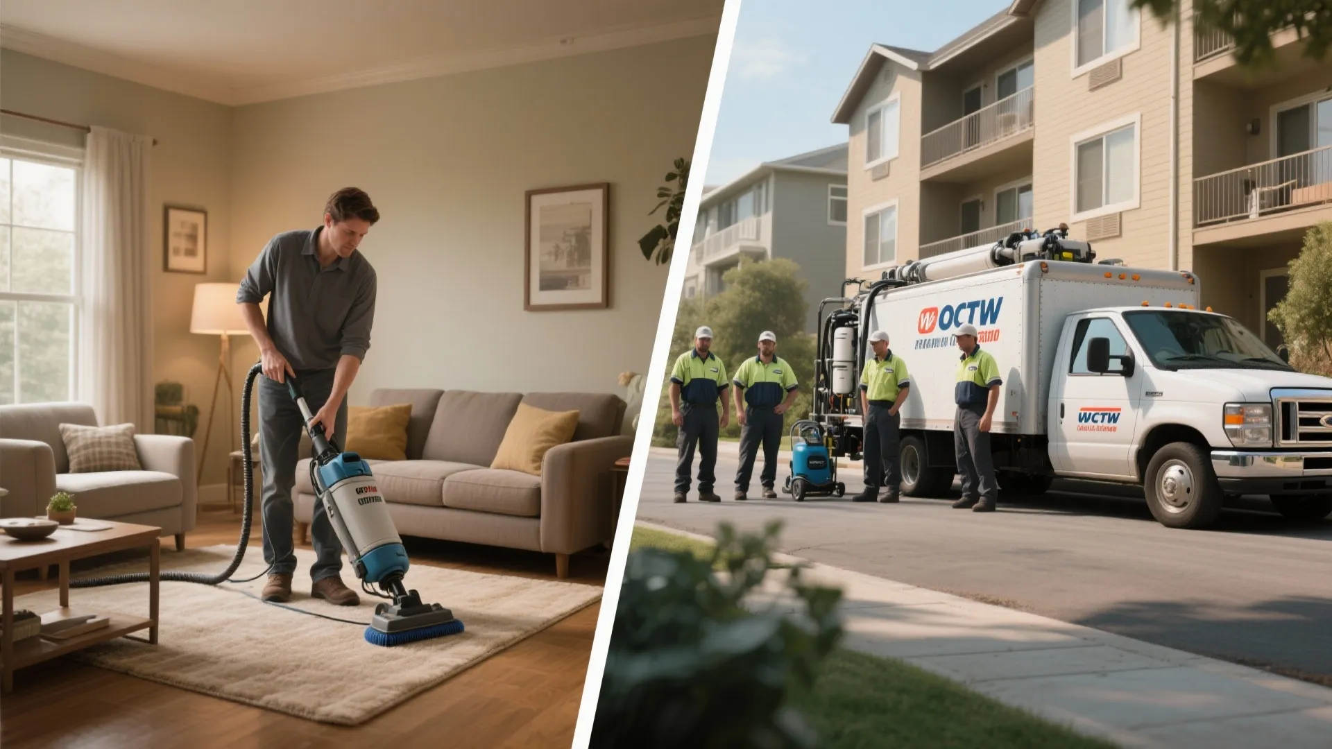 Comparison of DIY carpet cleaning with rented machine and professional technicians preparing equipment.