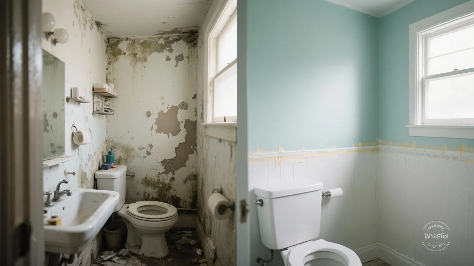 Before and after of a small bathroom showing peeling paint and mildew versus a professionally repainted finish.