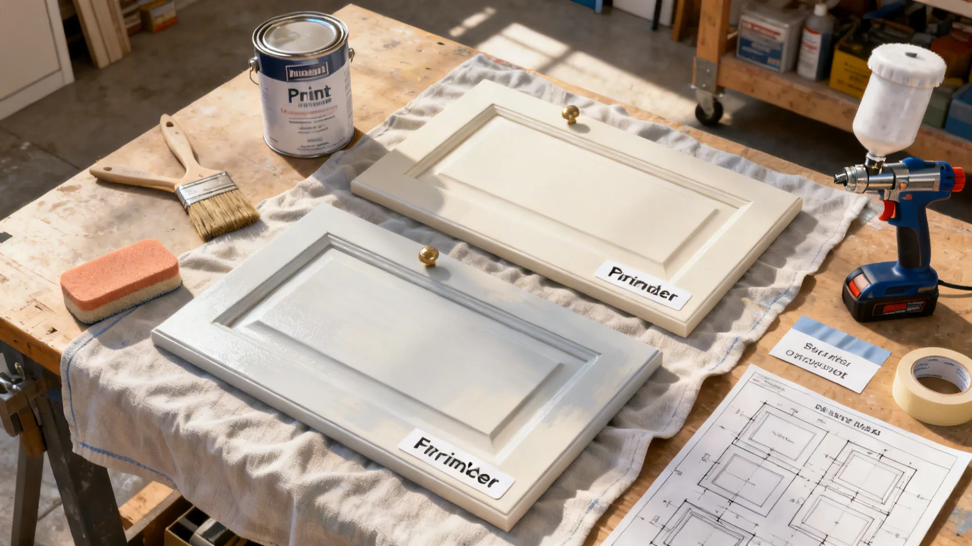 Top-down view of a labeled cabinet doors workspace with primer, brushes, and tools for a DIY repaint