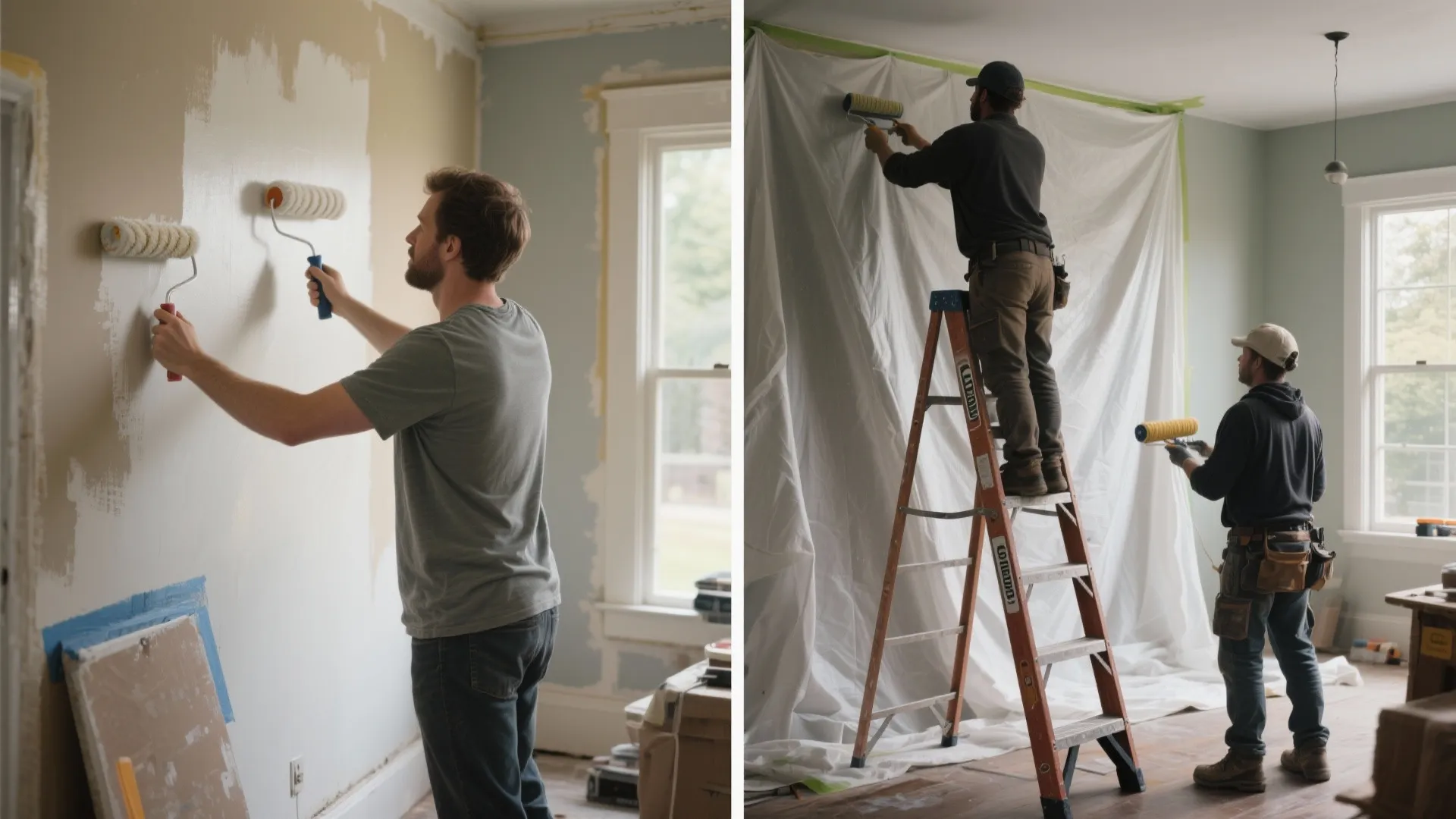 Split scene showing a homeowner painting versus a professional painting crew preparing a room