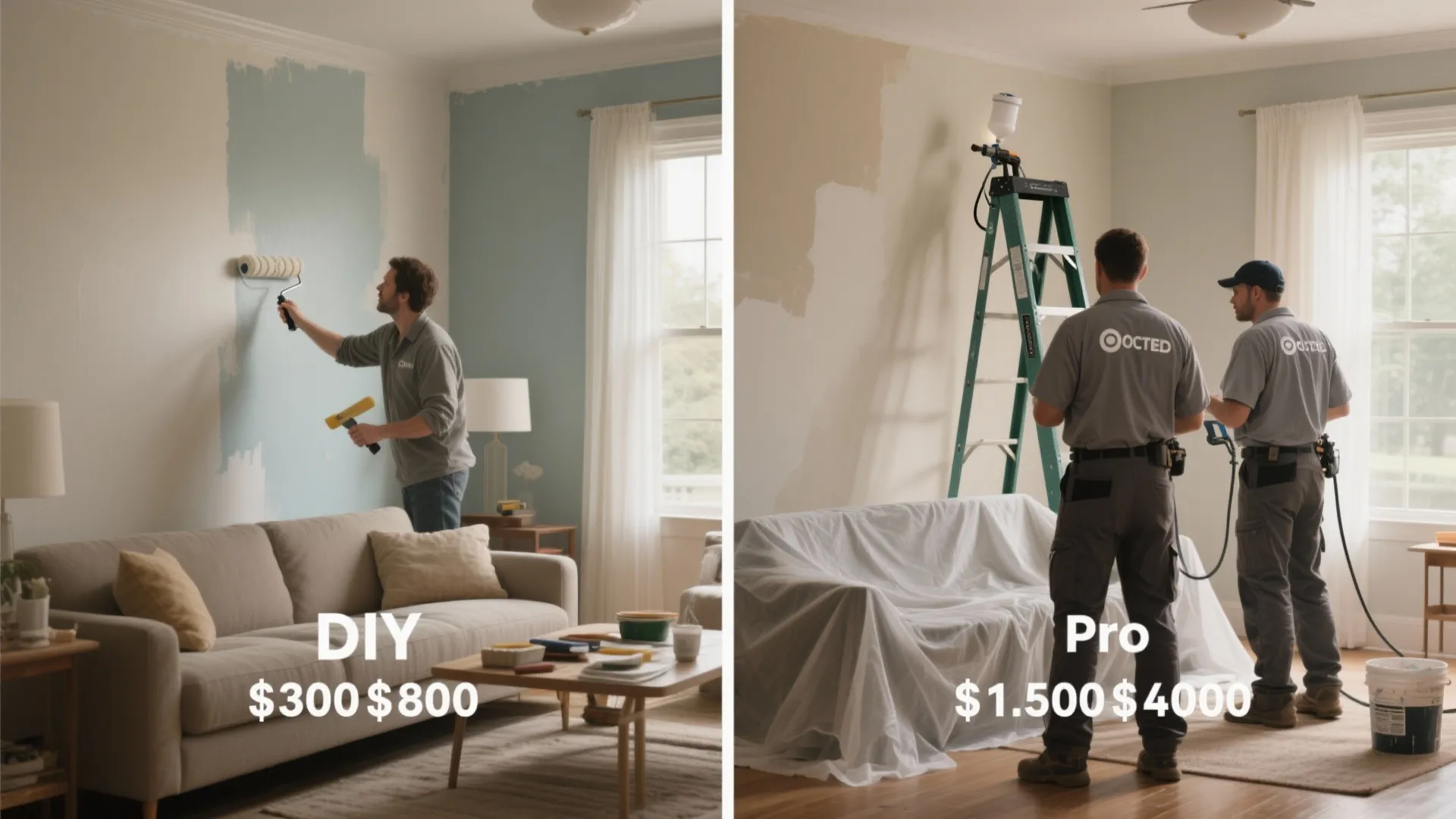Comparison of person painting wall with roller versus professional team using spray machine and ladder