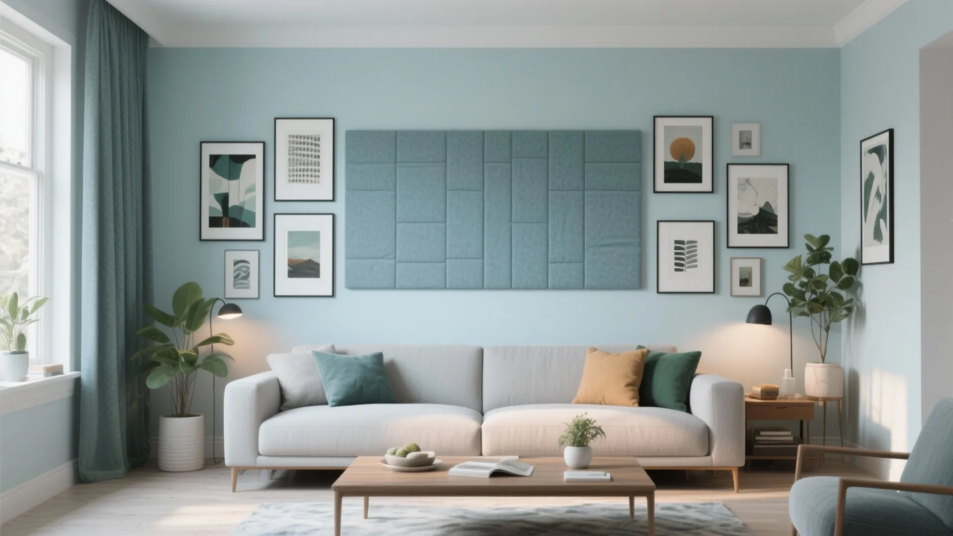 Modern blue living room with white sofa wooden table wall art and green indoor plants