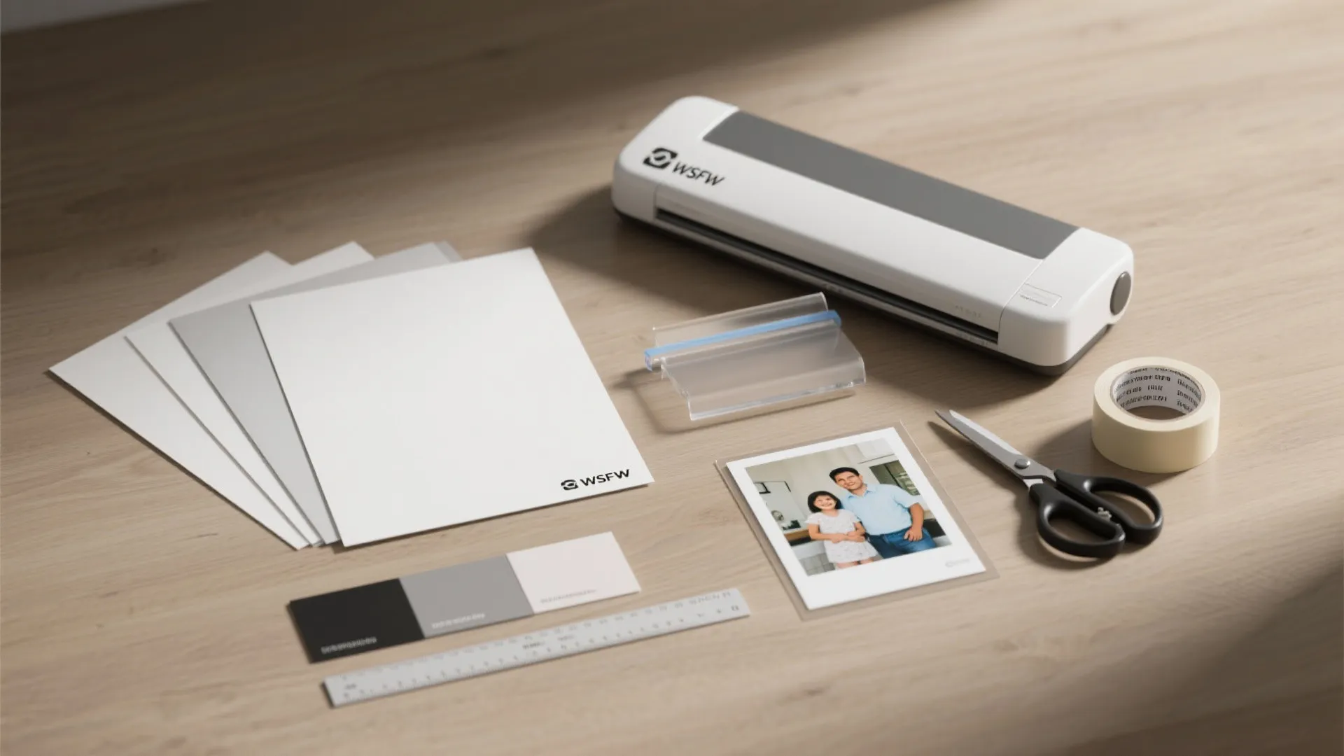 Table with laminator machine scissors tape ruler and printed photos for home craft and design