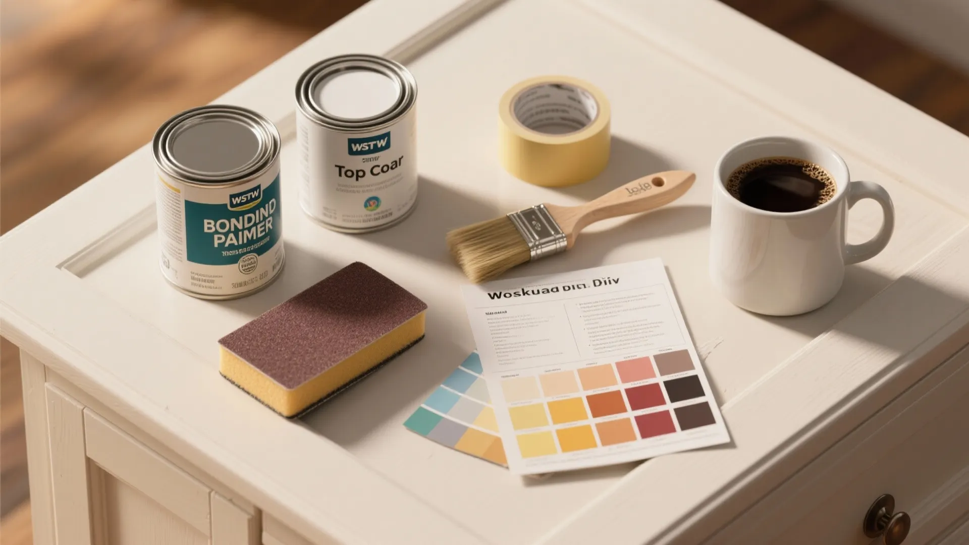 DIY painting materials including paint cans tape brush sponge color palette and a coffee mug