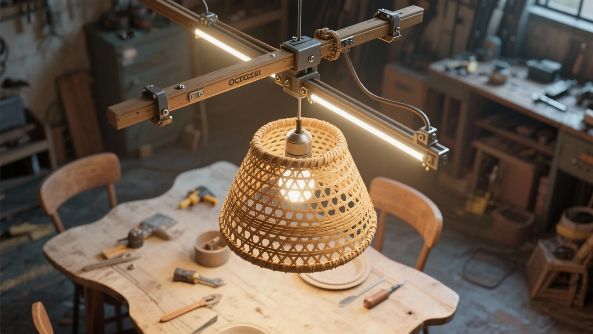 Handmade woven ceiling light shade hanging from wooden frame in workshop with tools on table