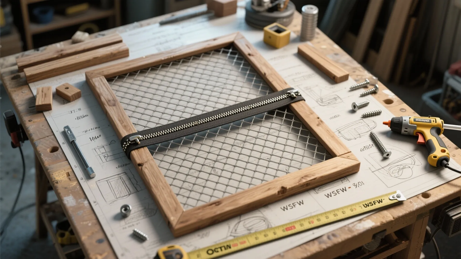 Wooden frame with wire mesh and black zipper on a workbench with tools and drawings