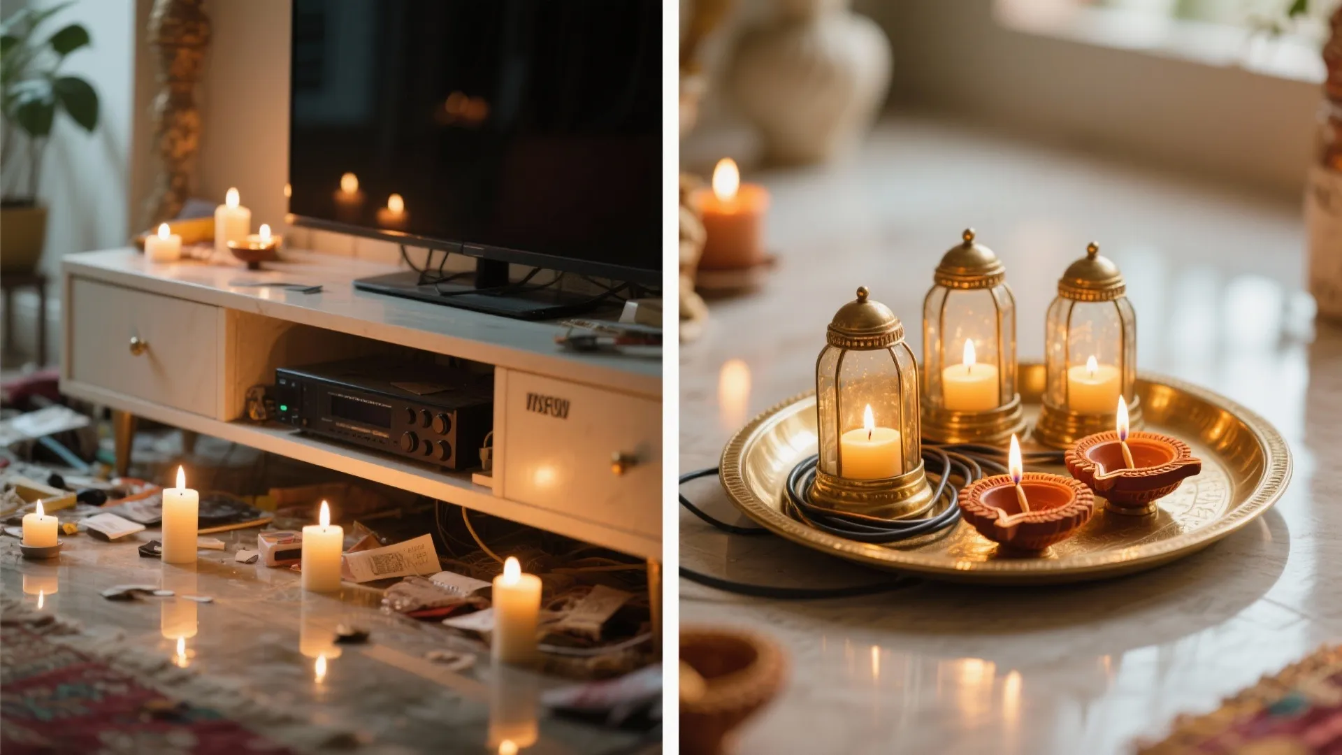 Safe diya and candle placement with reflective boosts